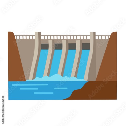 Flat dam icon isolated on white background. Water reservoir barrier for hydroelectric power, flood control, irrigation, water storage and civil engineering vector illustration