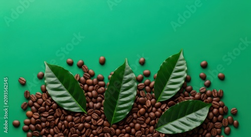 A top-down view of aromatic roasted coffee beans scattered alongside vibrant fresh green leaves on a smooth, emerald-colored background, organic, seeds, flatlay