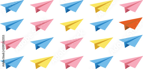 Colorful paper planes collection, set of 20 isometric paper airplanes in blue pink and yellow, creative flight and startup concept vector illustration