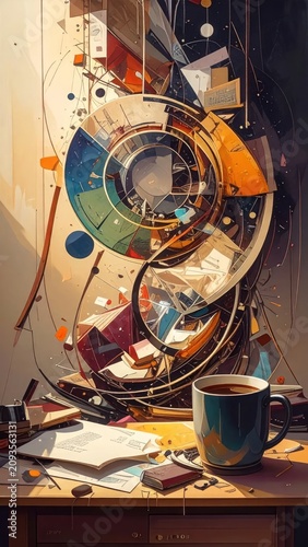 Abstract cubist desk scene with coffee and geometric art.
