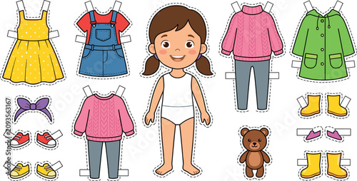 Foto Cute Cartoon Paper Doll Dress Up Game Set with Little Girl Character, Various Cl