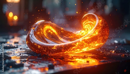 Abstract curved glowing magma shape on dark surface.