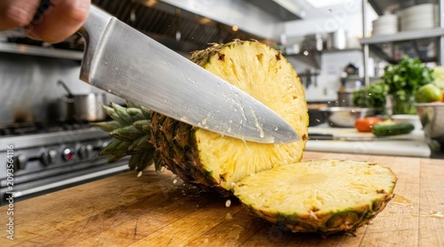 Professional Chef Slicing Fresh Pineapple in Commercial Kitchen, Dynamic Action Shot with Juice Splash, Healthy Food Preparation, Website Banner