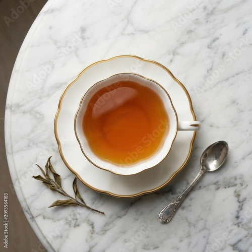 Top Down View of Luxury Tea Service on White Marble Table with Copy Space, Minimalist Lifestyle Morning Ritual for Wellness and Relaxation, Elegant Porcelain Teacup and Saucer