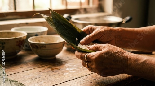 Traditional Heritage Food Preparation with Elderly Hands Wrapping Rice Dumplings in Bamboo Leaves on Rustic Table for Website Banner