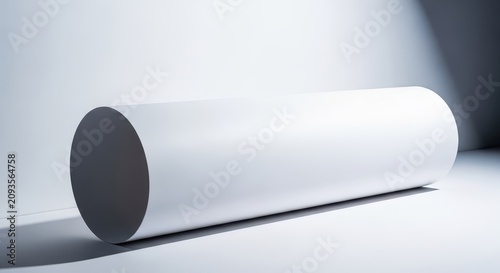 A large cylinder of white paper rests horizontally on a clean surface, casting a soft shadow against a bright and minimal studio wall, round, simple, long