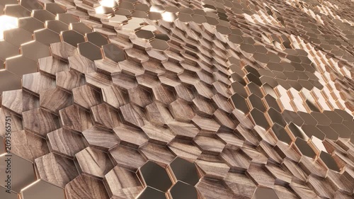 Abstract 3D animation seamless looping background of moving hexagonal tiles with natural wood texture and reflective rose gold metallic edges, creating a premium wavy geometric surface.