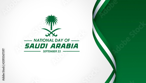 Foto Elegant 96th Anniversary Saudi Arabia National Day 2026 Celebration Banner with Modern Typography Design and Green-White Waving Ribbon and Copy Space