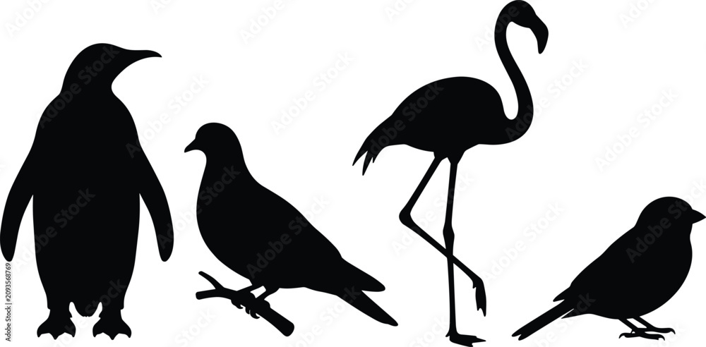 Obraz premium Bird Silhouette Collection with Penguin Flamingo Dove and Songbird Vector Set Isolated on White