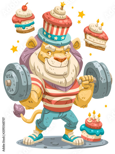 Lion lifts weights while celebrating with cupcakes and stars in a colorful scene