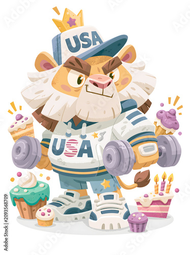 Strong lion character with weights poses in USA apparel surrounded by desserts and treats