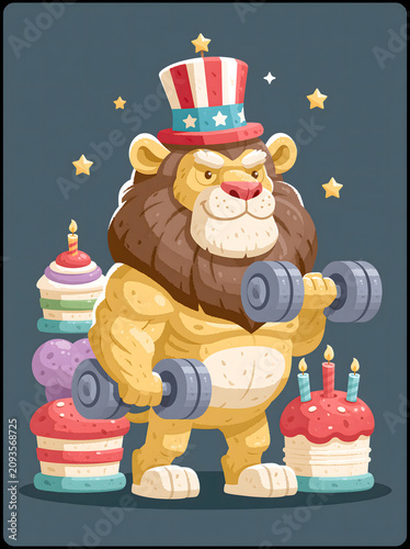 Strong lion holds dumbbells in front of colorful cakes and celebrates with a festive hat