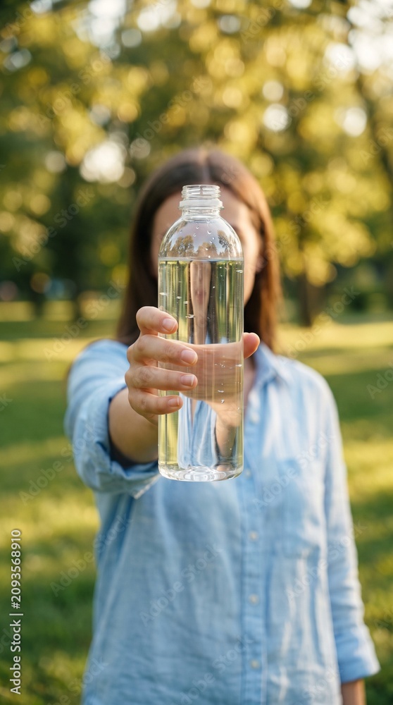 Fototapeta premium A young woman holding a clear plastic bottle of pure drinking water, with a sunny, blurred park in the background.