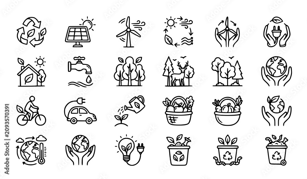 Fototapeta premium Eco friendly line icons set for sustainable living and environmental conservation