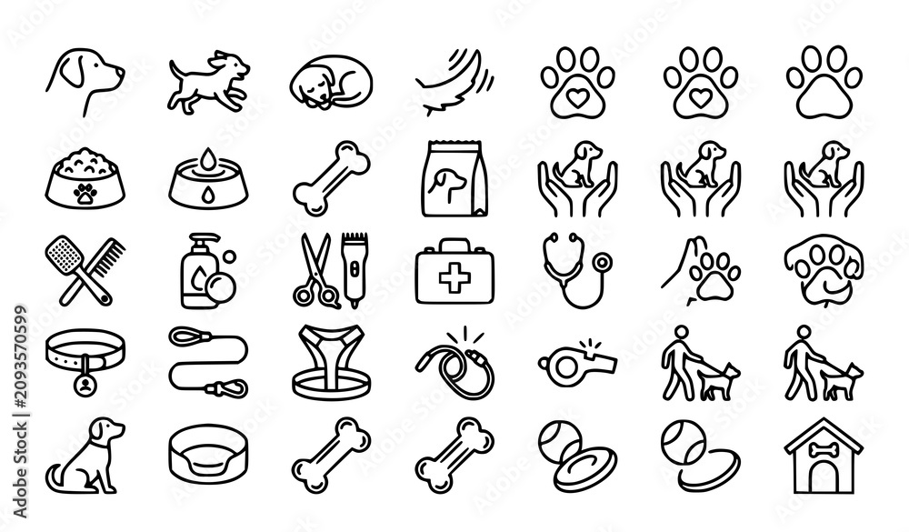 Obraz premium Dog care and accessories line icons