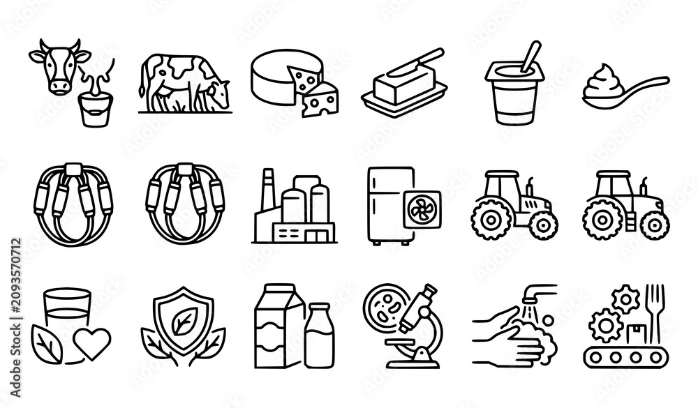 Fototapeta premium Dairy farm icons set milk production agriculture and processing line art