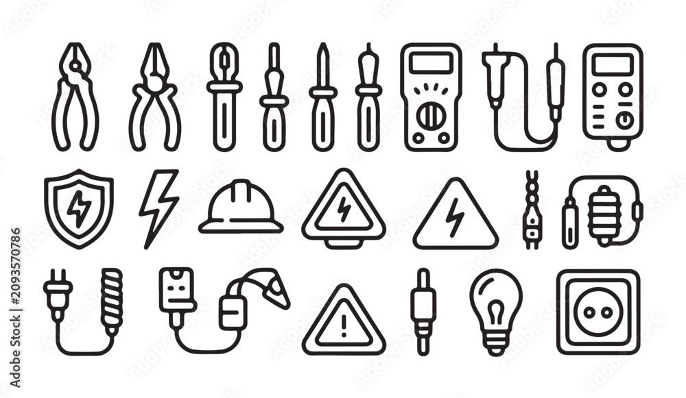 Fototapeta premium Professional electrician tools and electrical safety equipment line icons for web design.