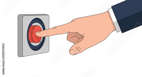 Close up illustration of a businessman hand reaching out to push a bright red emergency security panic button.