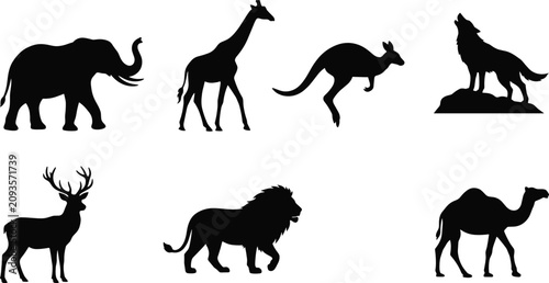Photography Wild Animal Silhouette Collection with Elephant Lion Giraffe Camel Deer Kangaroo