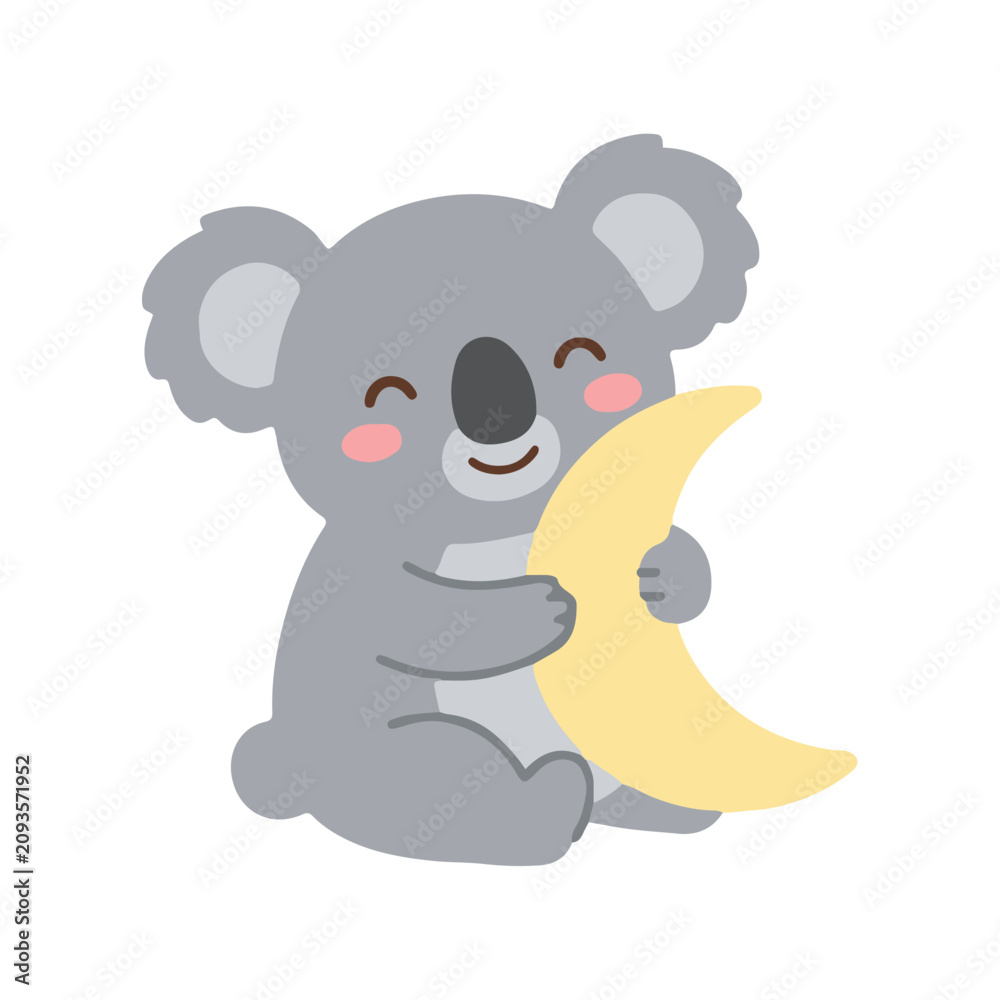 Fototapeta premium Cute grey koala hugging a yellow crescent moon vector illustration