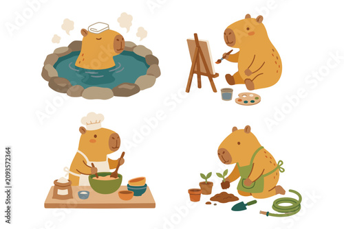 Schilderij op canvas Cute capybara hobbies and relaxing lifestyle character set vector illustration