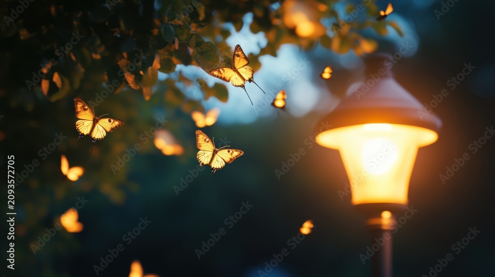 Obraz premium Magical scene of glowing butterflies and moths flying around a warm light bulb street lamp at night