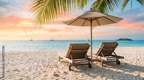 Tropical beach sunset with wooden lounge chairs and umbrella, serene ocean landscape at dusk, luxury island resort vacation scenery