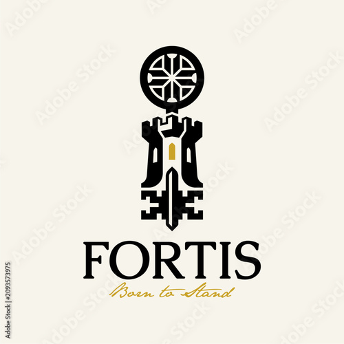 Fortis logo design with strong castle icon and elegant brand identity