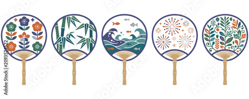 Fotografía Set of five traditional japanese style fans decorated with nature motifs