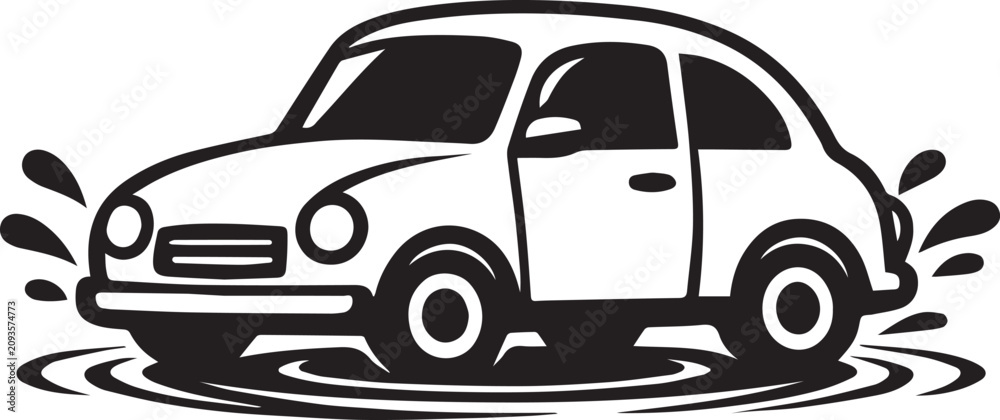 Naklejka premium Black and white vector icon of a small car splashing water Vector, illustration