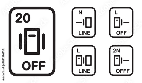 Photos Electrical circuit breaker and line voltage switch icons with labels in outline design