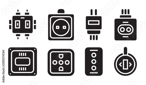 Power supply socket and electrical connector icons in solid black flat graphic design.