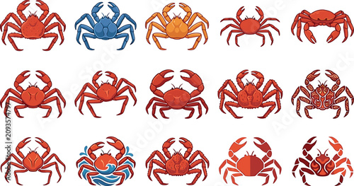 Tableau sur toile Crab sea life vector illustration set featuring various red blue orange marine c