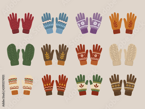 Foto Collection of hand-drawn winter gloves and mittens featuring a variety of knitted textures, Nordic-inspired patterns, and seasonal motifs in warm earthy colors