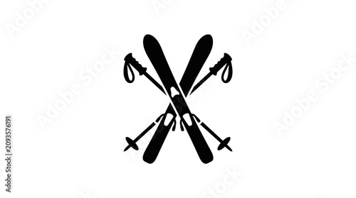 Foto Crossed skis and ski poles icon in black and white vector graphic