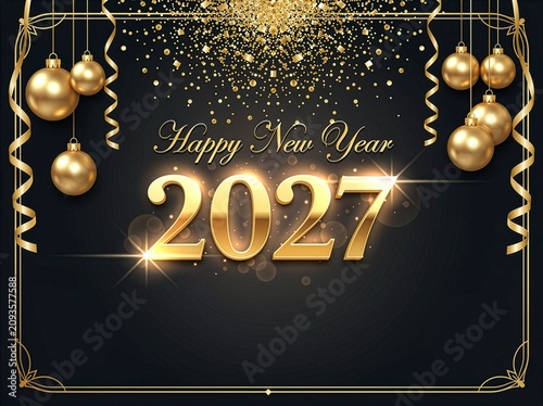 Festive navy blue and gold background with baubles, streamers, and 
