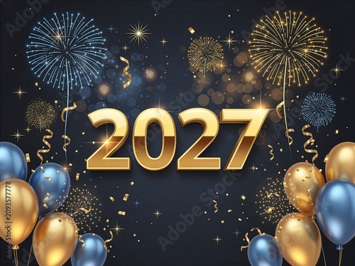 Sylwestrowe tło z fajerwerkami na nocnym niebie i napisem 2027