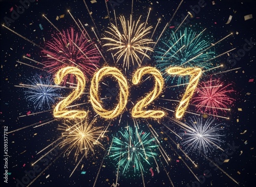 Sylwestrowe tło z fajerwerkami na nocnym niebie i napisem 2027