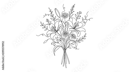 Intricate line art illustration of a bouquet of wildflowers and foliage with detailed fine lines and natural elements for