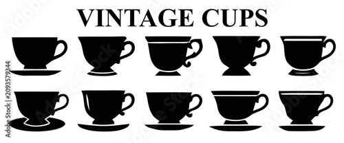 Cuadro en lienzo Vintage cups silhouette vector set, minimalist retro teacups and coffee cups wit