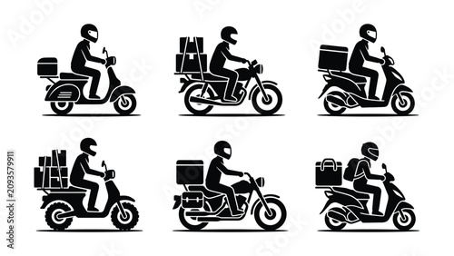 Foto Black and white delivery riders on scooters and motorcycles