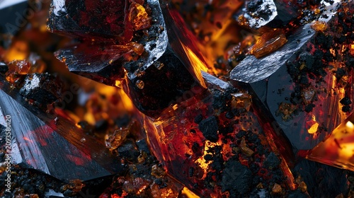 Macro photograph of dark crystalline iodine structures showcasing sharp facets and a fiery internal glow