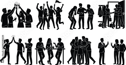 Set of party people silhouettes showing friends celebrating drinking toast and hugging at social gathering