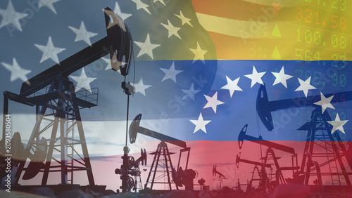 Canvas Print Crude oil pumping platforms, financial data sheets, and the US and Venezuelan flags