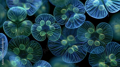 Microscopic view of translucent bioluminescent dinoflagellates with green and blue veins on a dark background