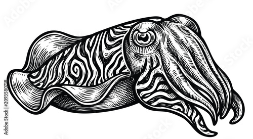 Картината върху платно Intricate Black and White Illustration of a Cuttlefish