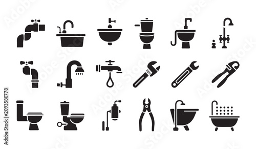 Collection of plumbing fixtures and tools glyph icons, home renovation and repair symbols.
