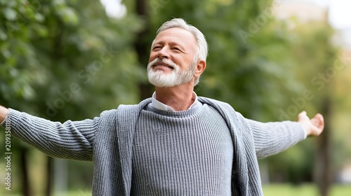 healthy active senior enjoying fresh air in green park, lung health awareness, prevention concept, optimistic lifestyle photography