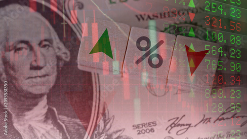 Obraz na plátně Financial data sheets, stock ticker displays, and the US dollar currency background with interest rate percentage blocks