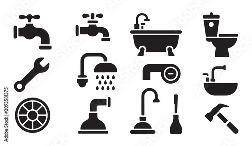 Bathroom plumbing fixtures and repair tools vector icons set for home renovation project.